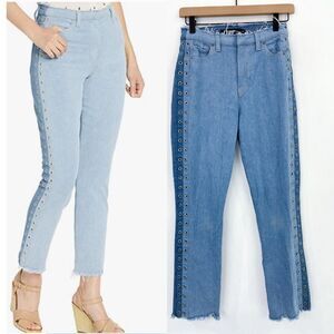 Hudson Holly Straight Leg 2 Tone Raw Hem High Rise Crop Jeans Grommet Gunge 25